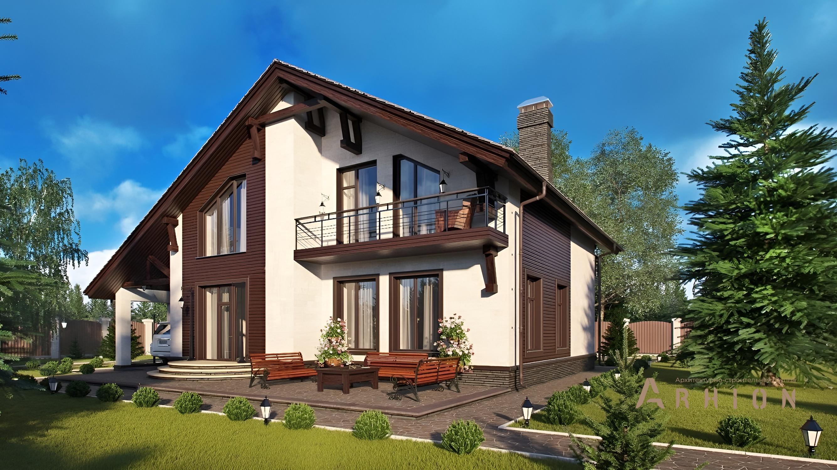 3. Проект двухэтажного дома в стиле шале с двускатной кровлей, kr-226, площадью - 225 кв c терассой, балконом